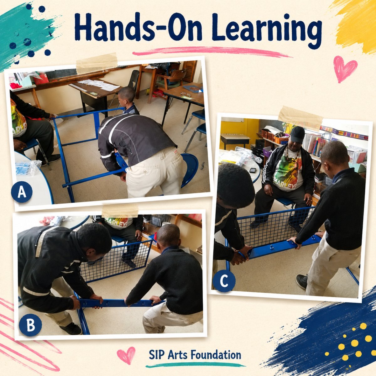 A collage of families and participants in hands-on workshops and learning sessions.